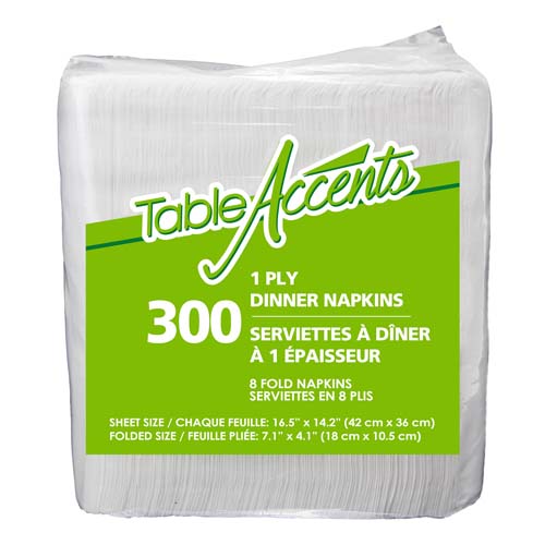 Table Accents - Dinner Napkins - 16.5" x 14.2" - 1 ply - 8 Fold - White - 300Pk