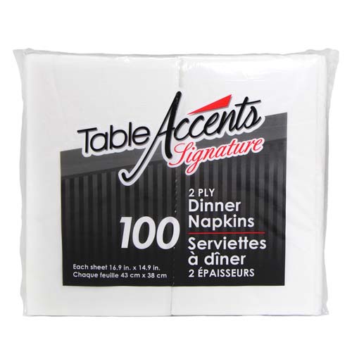 Table Accents Signature - Dinner Napkins - 16.9" x 14.9" - 2 ply - 8 Fold - White - 100Pk