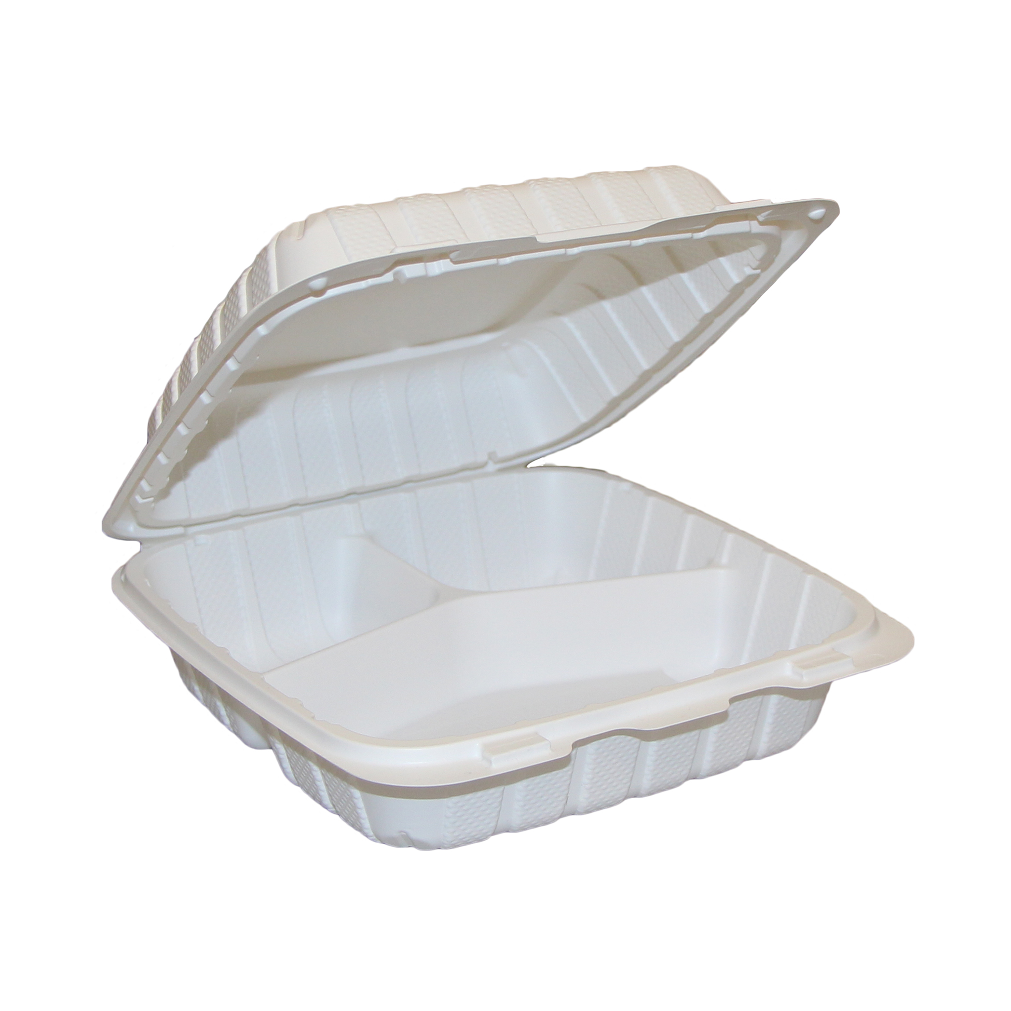 Table Accents - Mineral Filled Polypropylene (MFPP) Hinged Containers - 8" x 8" x 3" - 3 Compartment