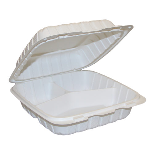 Table Accents - Mineral Filled Polypropylene (MFPP) Hinged Containers - 9" x 9" x 3" - 3 Compartment