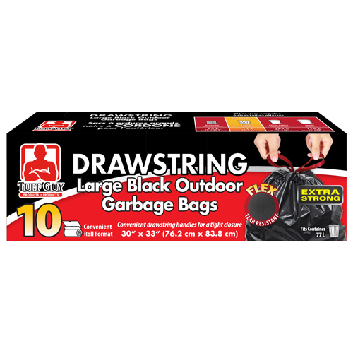 Tuff Guy - Drawstring Large Outdoor Garbage Bags - 30" x 33" - Tear Resistant - Black - 10Pk