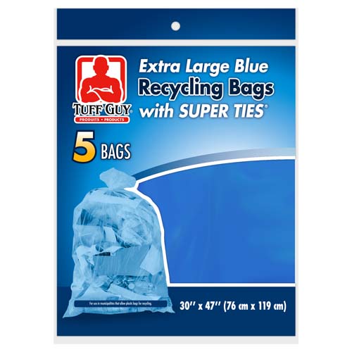 Tuff Guy - Extra Large Recycling Bags - 30" x 47" - Super Ties - Blue - 5Pk