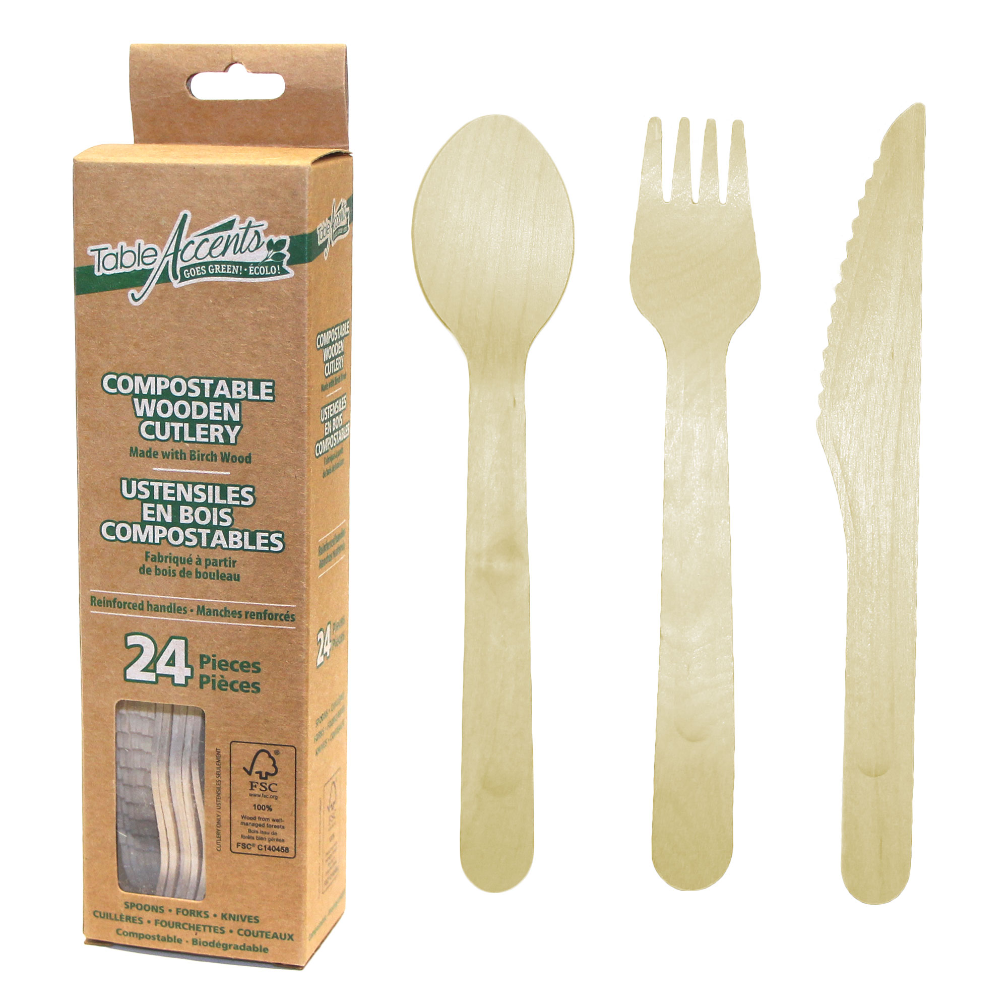 Table Accents - Birch Wood Assorted Cutlery - Reinforced handles - 24Pk
