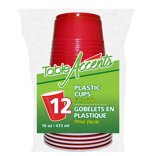 Table Accents - Plastic Cups - 16oz - Easy Grip - Red with White Interior - 12Pk