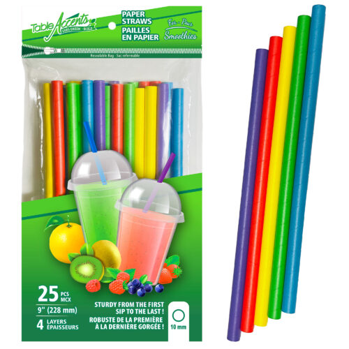 Table Accents - Paper Straws for Smoothies - 9" - 10mm dia. - 4 Layers - Assorted Colours - 25Pk