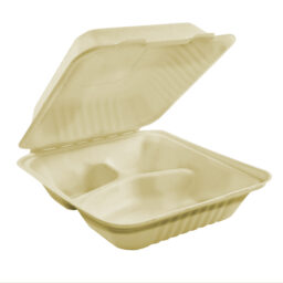 Table Accents - Compostable Hinged Containers - 8" x 8" x 3" - Bagasse - 3 Compartment