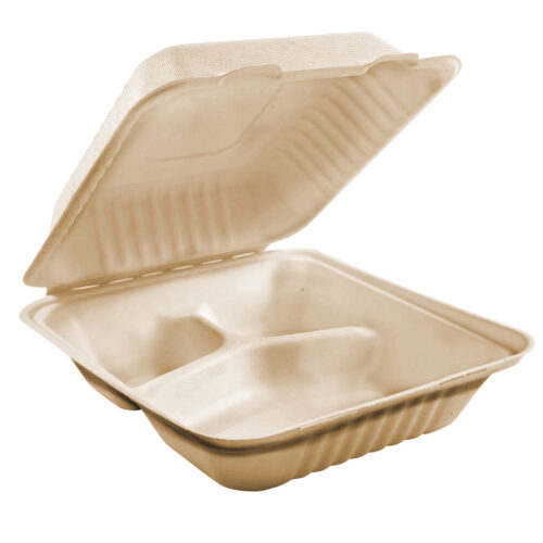 Table Accents - Compostable Clamshell Containers - 9" x 9" x 3" - Bagasse - 3 Compartment