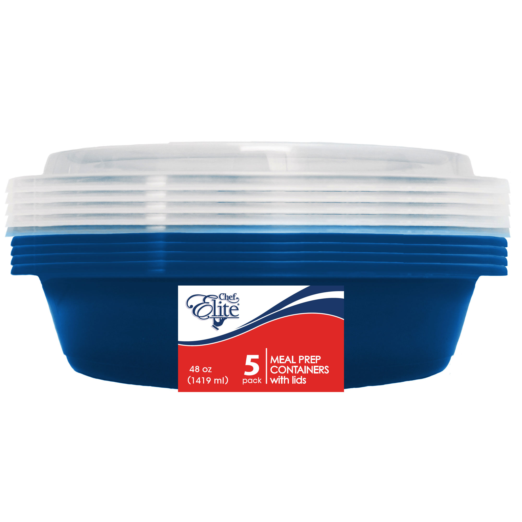 Chef Elite - Meal Prep Containers with Lids - 48oz - Round - Blue - 5Pk