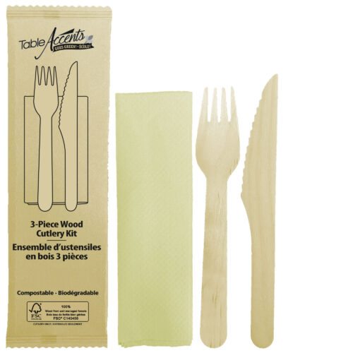 Table Accents - Birch Wood 3-Piece Food Kit - Fork, Knife & Napkin