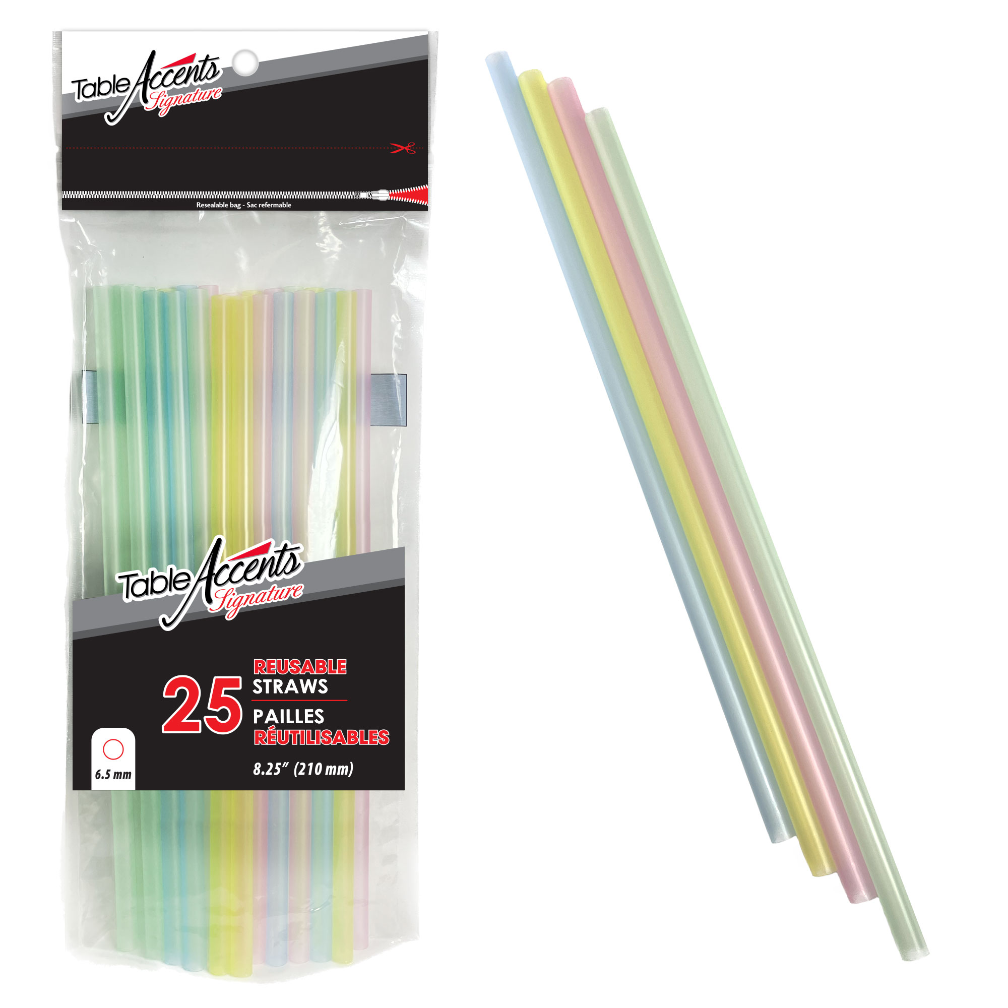 Table Accents Signature - Reusable Polypropylene Straws - 8.25" - 6.5mm dia. - Assorted Colours - 25Pk