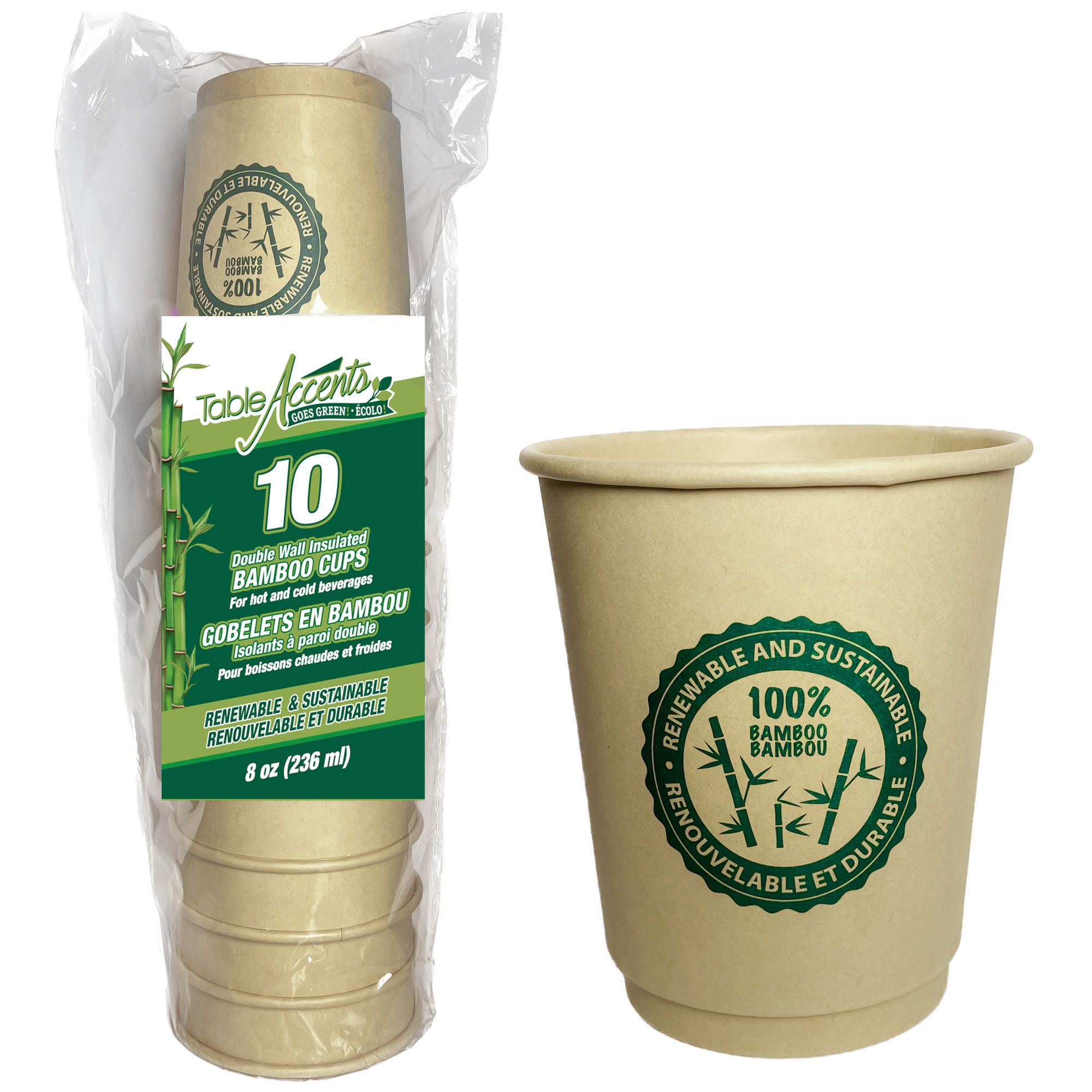 Table Accents Signature - Double Wall Insulated Bamboo Cups - 8oz - 10Pk