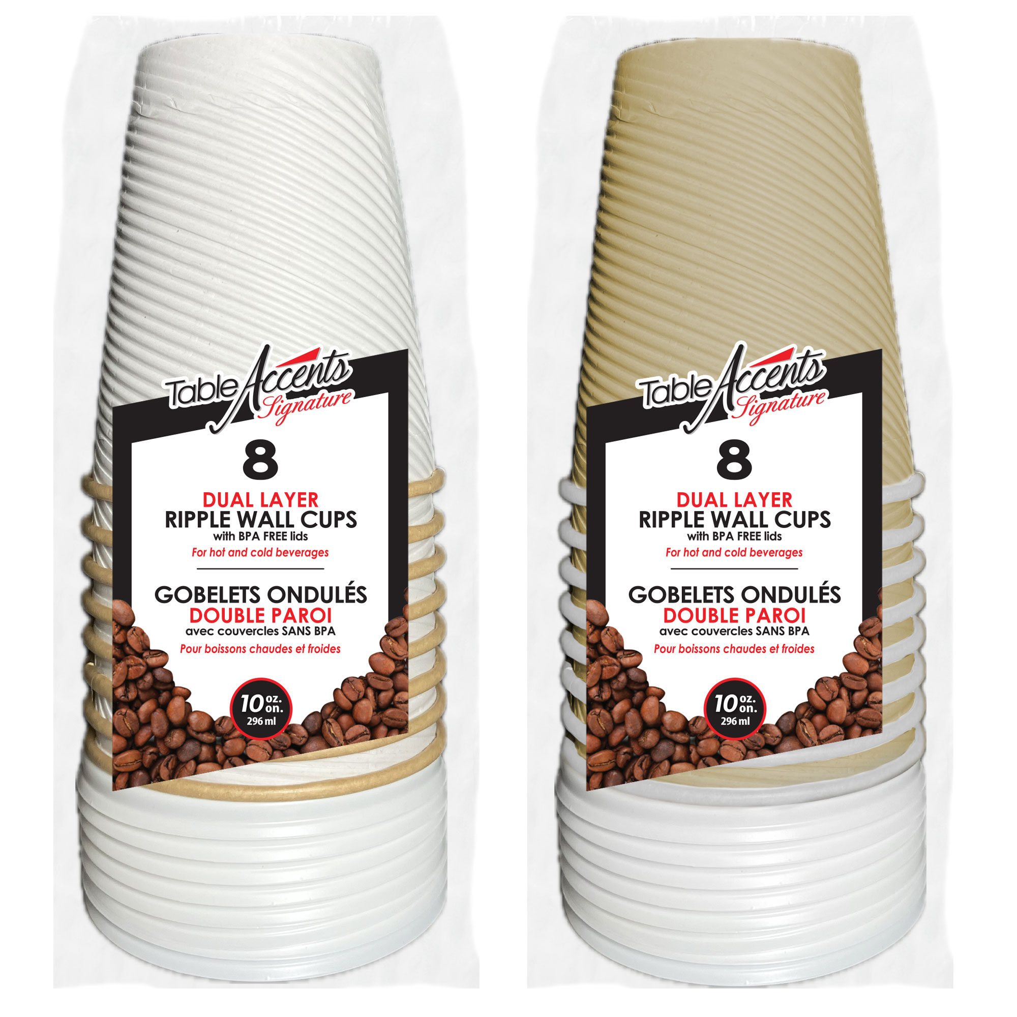 Table Accents Signature - Dual Layer Ripple Wall Cups - 10oz - BPA Free Lids - 8Pk