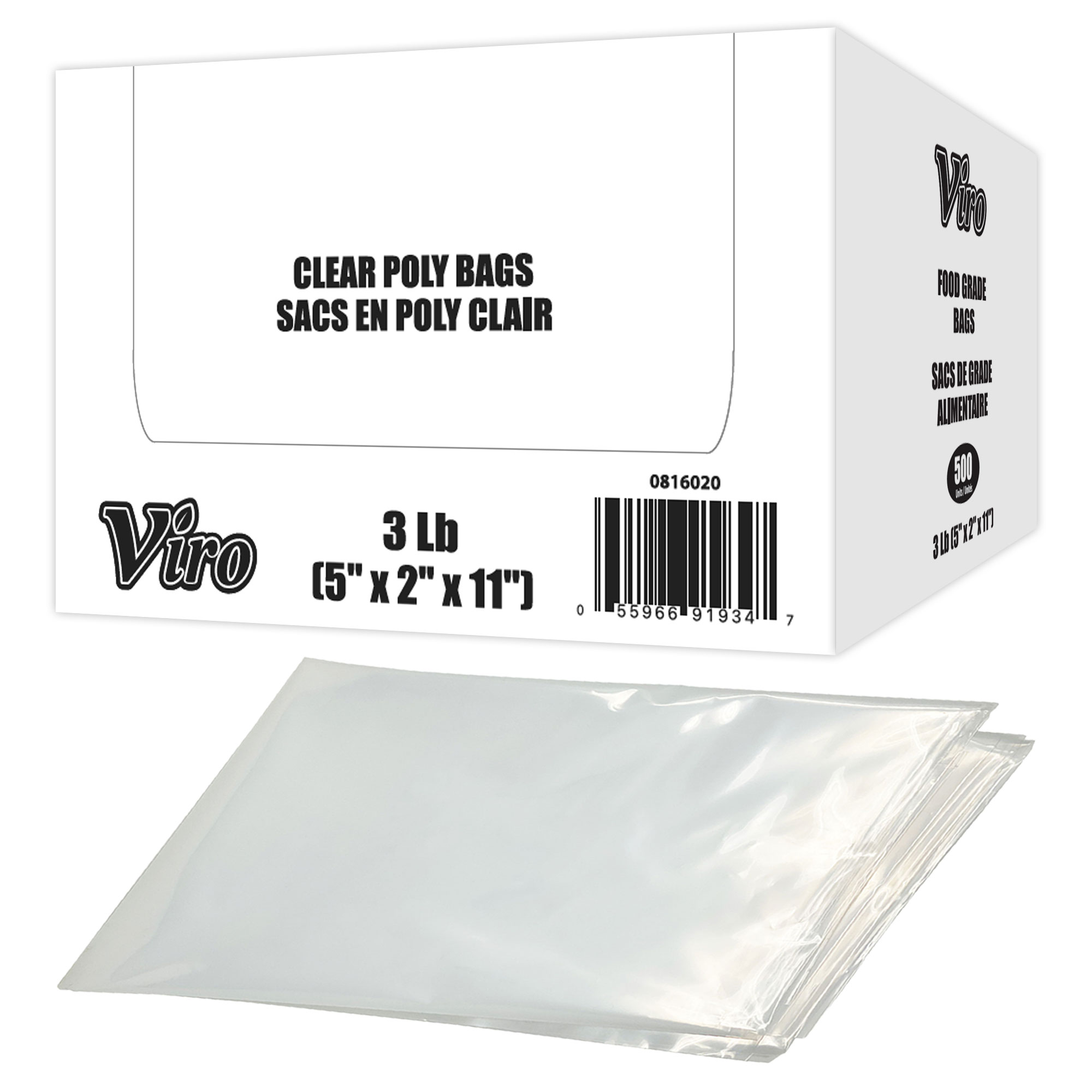 Viro - Clear Poly Food Grade Bags - 5" x 2" x 11" - 3lbs