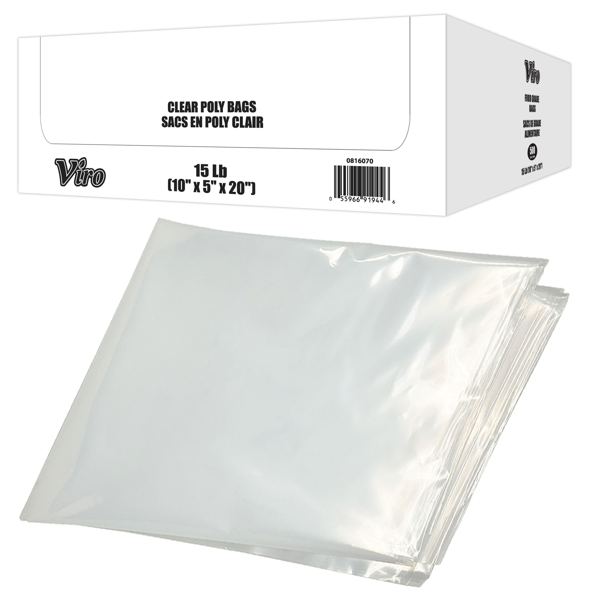 Viro - Clear Poly Food Grade Bags - 10" x 5" x 20" - 15lbs