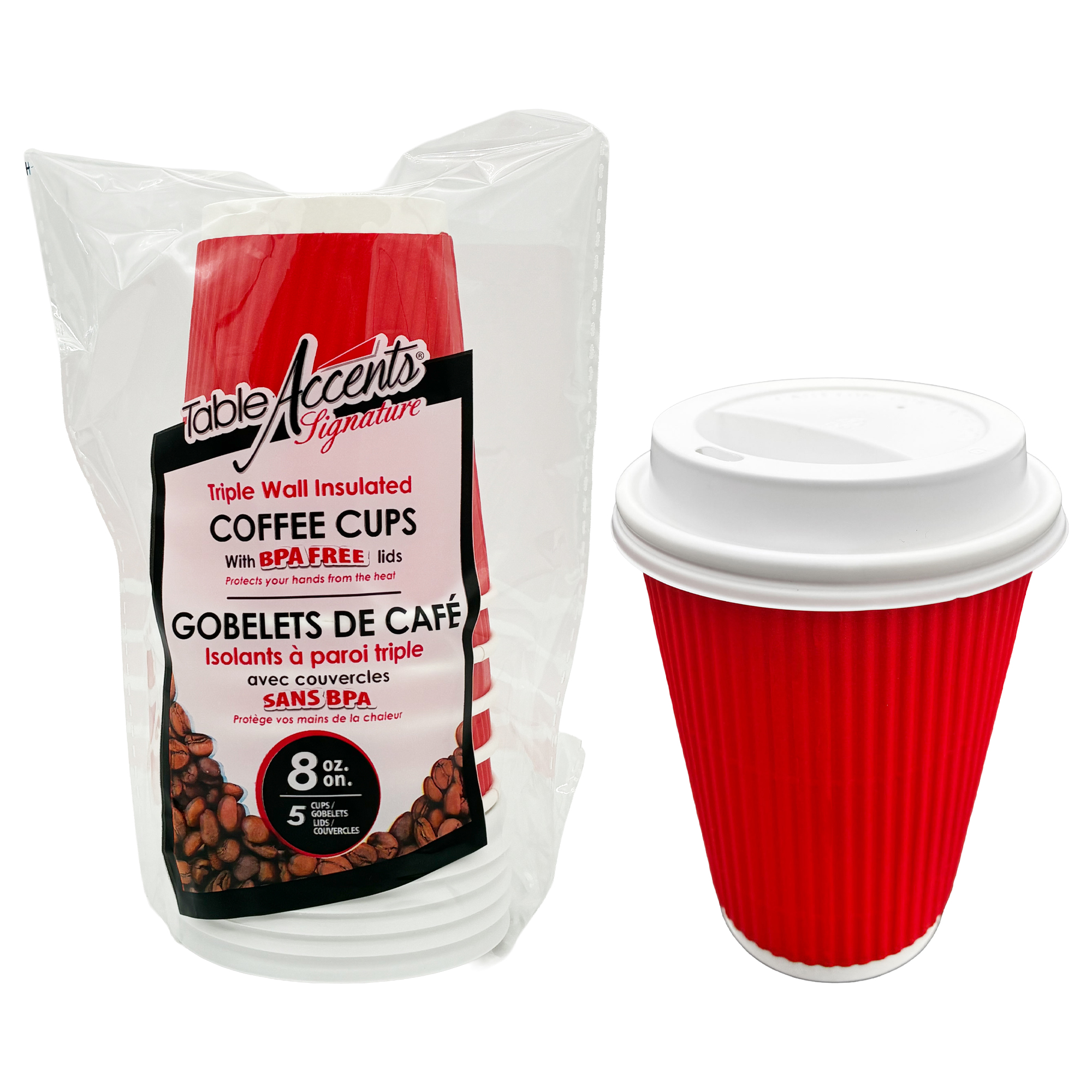 Table Accents Signature - Triple Wall Insulated Coffee Cups - 8oz - BPA Free Lids - Red - 5Pk
